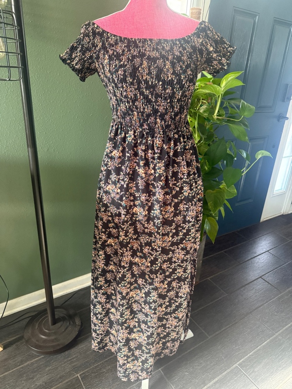 Black Floral Smocked Midi Dress - Women's